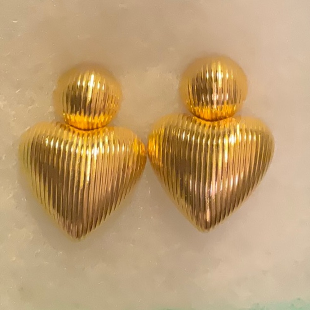 Gold-Tone Puffy Ribbed Heart Dangle Post and Clutch Earrings